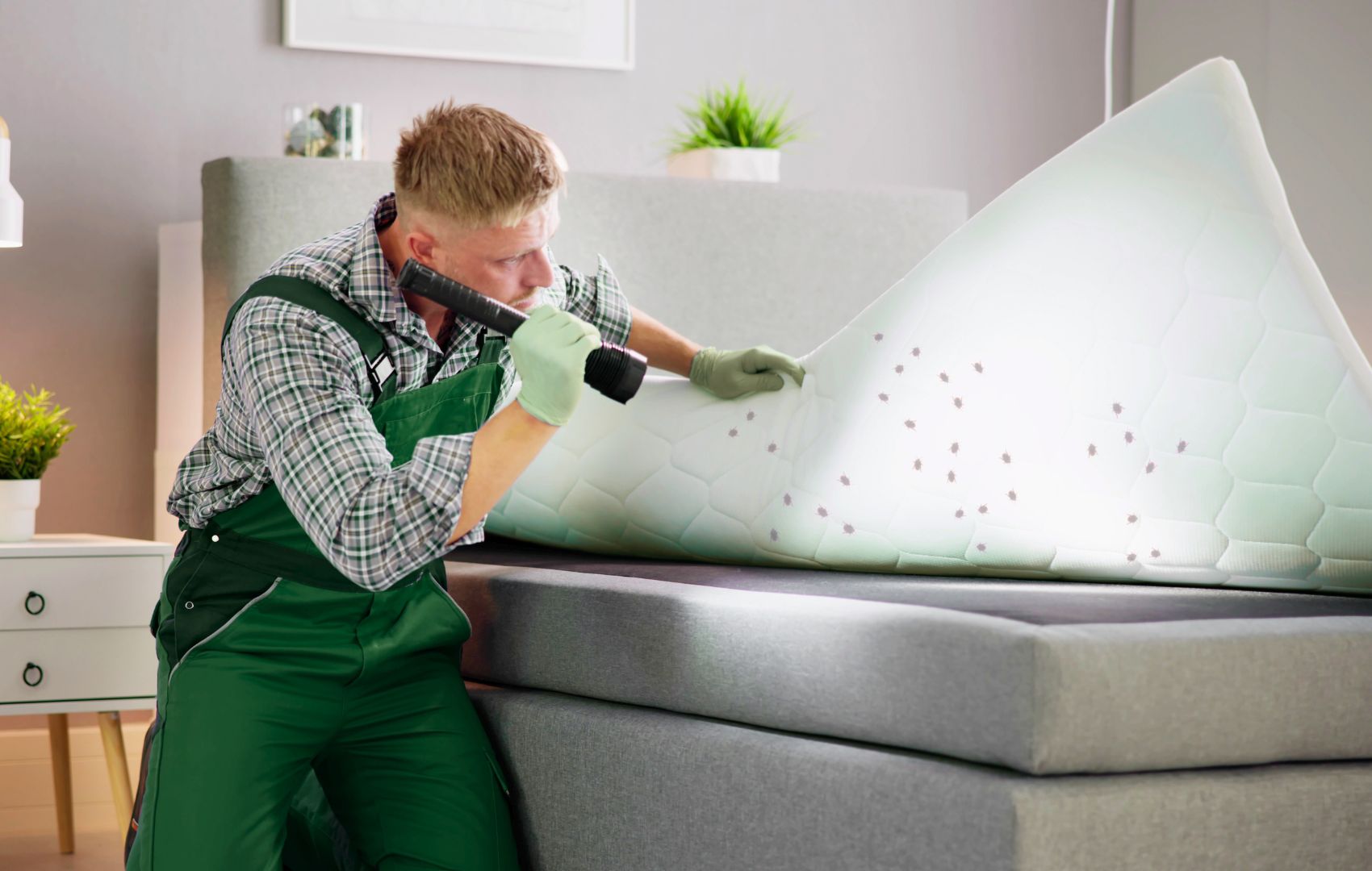 Exterminator inspects for bed bugs under a matress in lodi